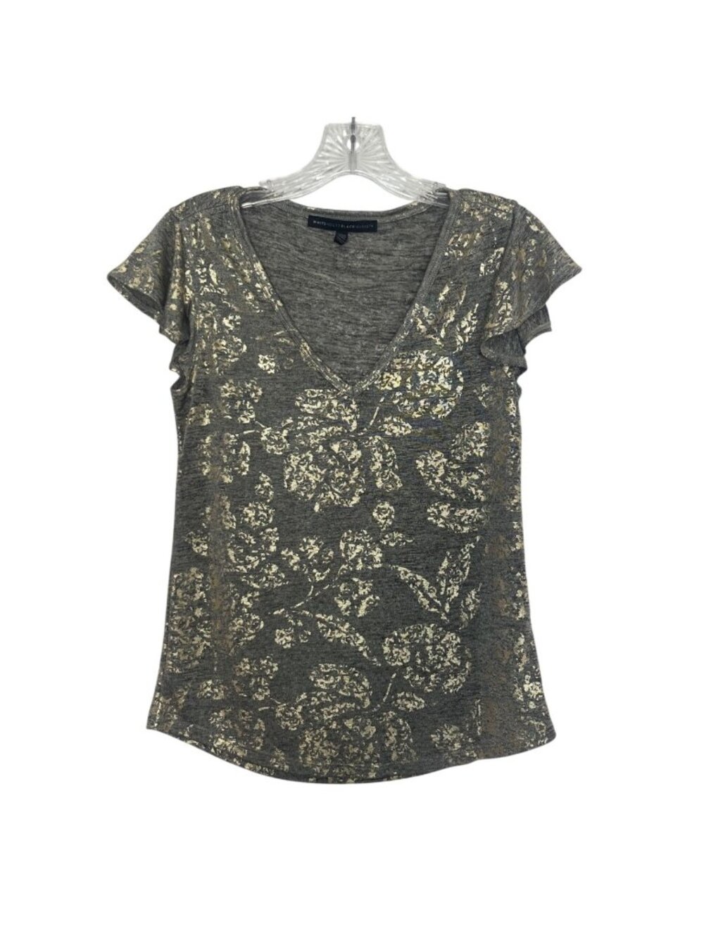 White House Blackโ Market Metallic Floral Print Shirt Top Vneck XXS Gold Gray